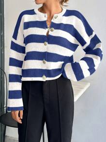 EURMUSE Áo Cardigan nữ cổ tròn họa tiết sọc cài nút phía trước - Nhiều màu - Xem 5