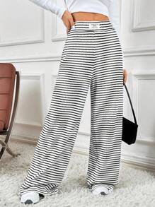 SHEIN EZwear 女士休闲条纹松紧腰阔腿裤 - 黑與白 - 查看 4