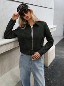 GENKIRA 时尚经典麂皮飞行员夹克，小翻领，侧袋，短款 - 黑色 - 查看 8