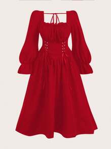 Flirla Váy dài tay cổ tim cỡ lớn có dây rút nhún eo cho quần áo năm mới - Đỏ - Xem 1