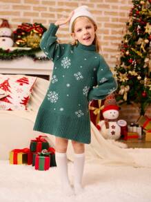 SHEIN 绿色长袖高领少女雪花提花针织毛衣裙，妈妈和我配套服装（2 件单独出售），圣诞节 - 綠色 - 查看 7