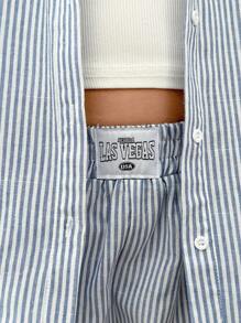 SHEIN 2 件套少女条纹宽松梭织衬衫和条纹梭织裤 - 藍白色 - 查看 3