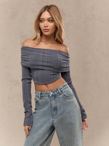 MISSGUIDED Ribbed Fold Over Curved Hem Long Sleeves Crop Bardot Top