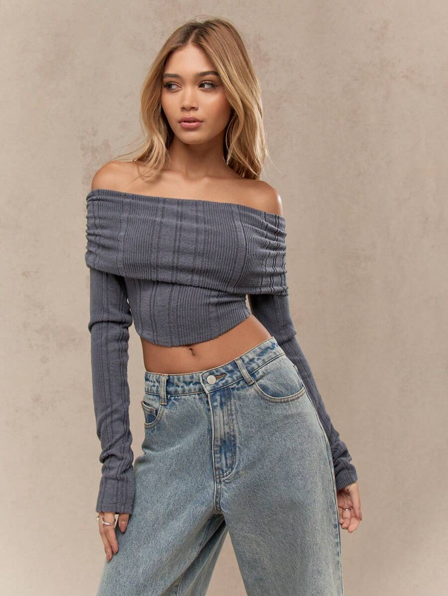 MISSGUIDED Ribbed Fold Over Curved Hem Long Sleeves Crop Bardot Top