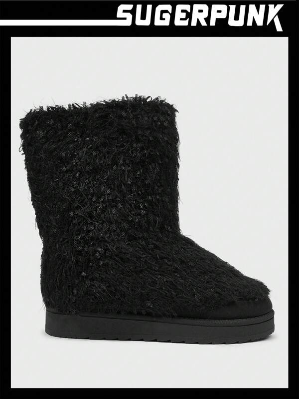 Sugerpunk Damen Mode Ankle Boots mit Rundspitze und Flauschbesatz, Lässig Alltags Tragen