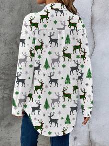 EMERY ROSE Christmas Casual Women Reindeer & Christmas Tree Pattern Shirt, Suitable For Spring & Autumn