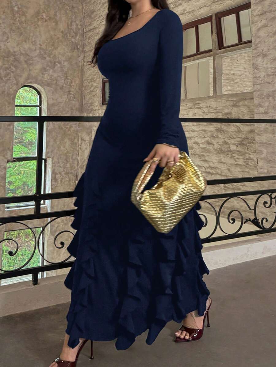 SHEIN Privé 大码优雅通勤/约会夜鸡尾酒会礼服,性感音乐会设计,V 领长袖修身连衣裙,带荷叶边下摆 - 藏蓝色 - 查看 1
