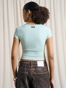 AiiRZ Fitted Short Sleeve Round Neck Crop Top - Baby Blue - View 2