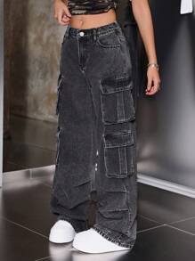 SHEIN Quần jeans ống rộng cạp thấp xếp ly, kiểu cargo, phong cách Y2K dành cho nữ tuổi teen, chất liệu wash đá, có túi nắp, thích hợp cho thời trang đường phố thu đông. - màu đen - Xem 6