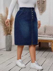 SHEIN LUNE Plus Size Women Casual Paper Bag Waist Button Fly Straight Denim Skirt - Dark Wash - View 1
