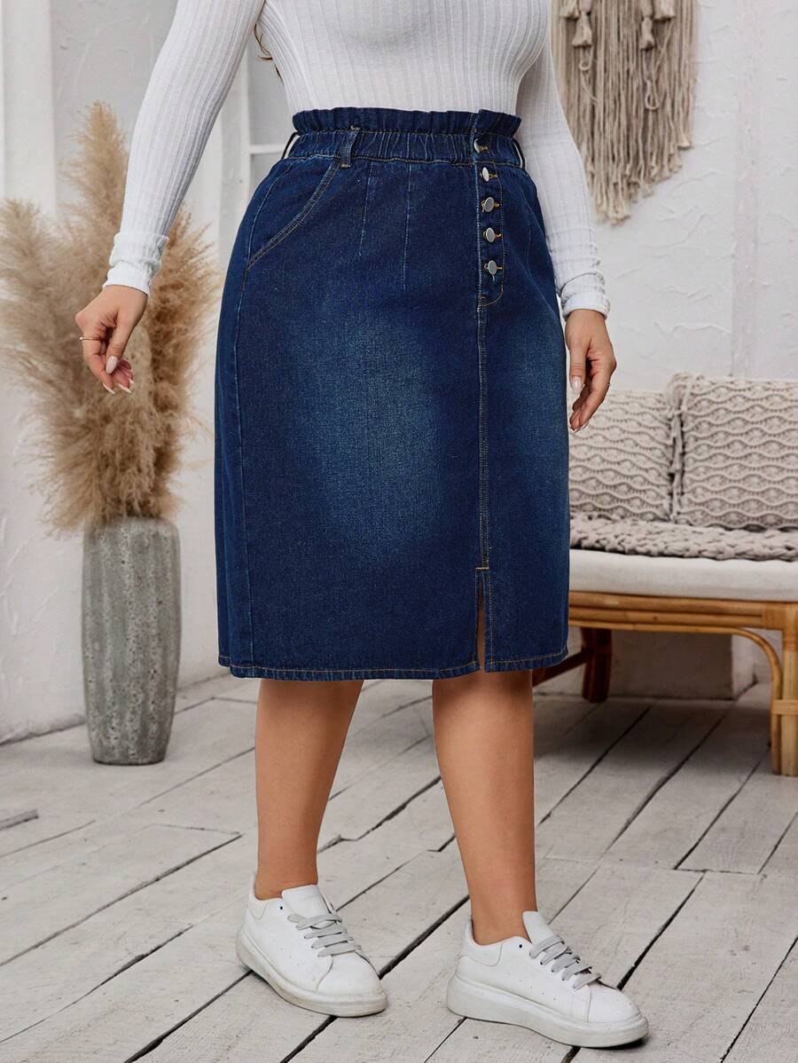 SHEIN LUNE Plus Size Women Casual Paper Bag Waist Button Fly Straight Denim Skirt - Dark Wash - View 1