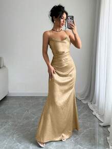 Rafferiza Metallic Feeling Deep Draped Neck Sling Party Elegant Dress For New Year Holiday Party Clothes Maxi Women Outfit - Gold - View 3