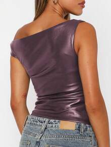 Women's Solid Color Asymmetric Neck Pleated Fitted Leather Blouse - Burgundy - View 2