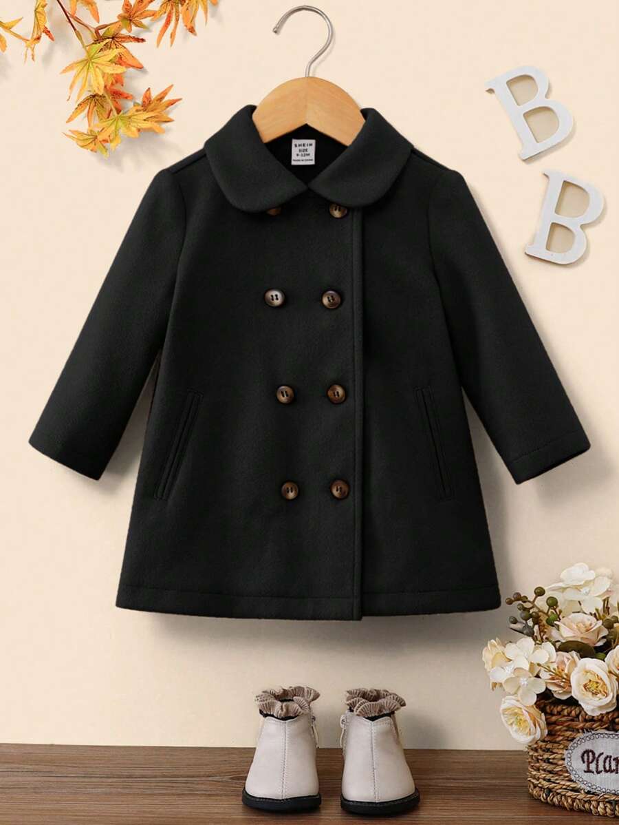 Baby Girl Warm Cute Versatile Lapel Mid-Length Coat, Autumn/Winter - Black - View 1