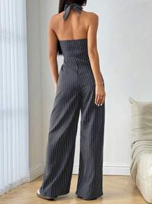 Flirla 女式纽扣式半襟前口袋吊带腰带条纹连体裤