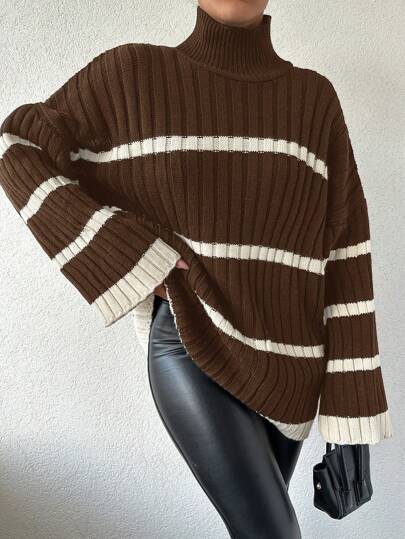 EURMUSE Women Autumn/Winter Casual Color Block Striped Loose Fit High Neck Sweater