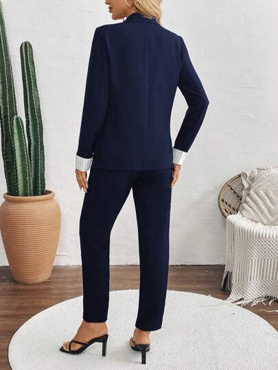 EMERY ROSE Women Casual Stripe Color Block Lapel Collar Blazer, Camisole & Skinny Suit Pants 3-Piece Set Fall Cloth For Women