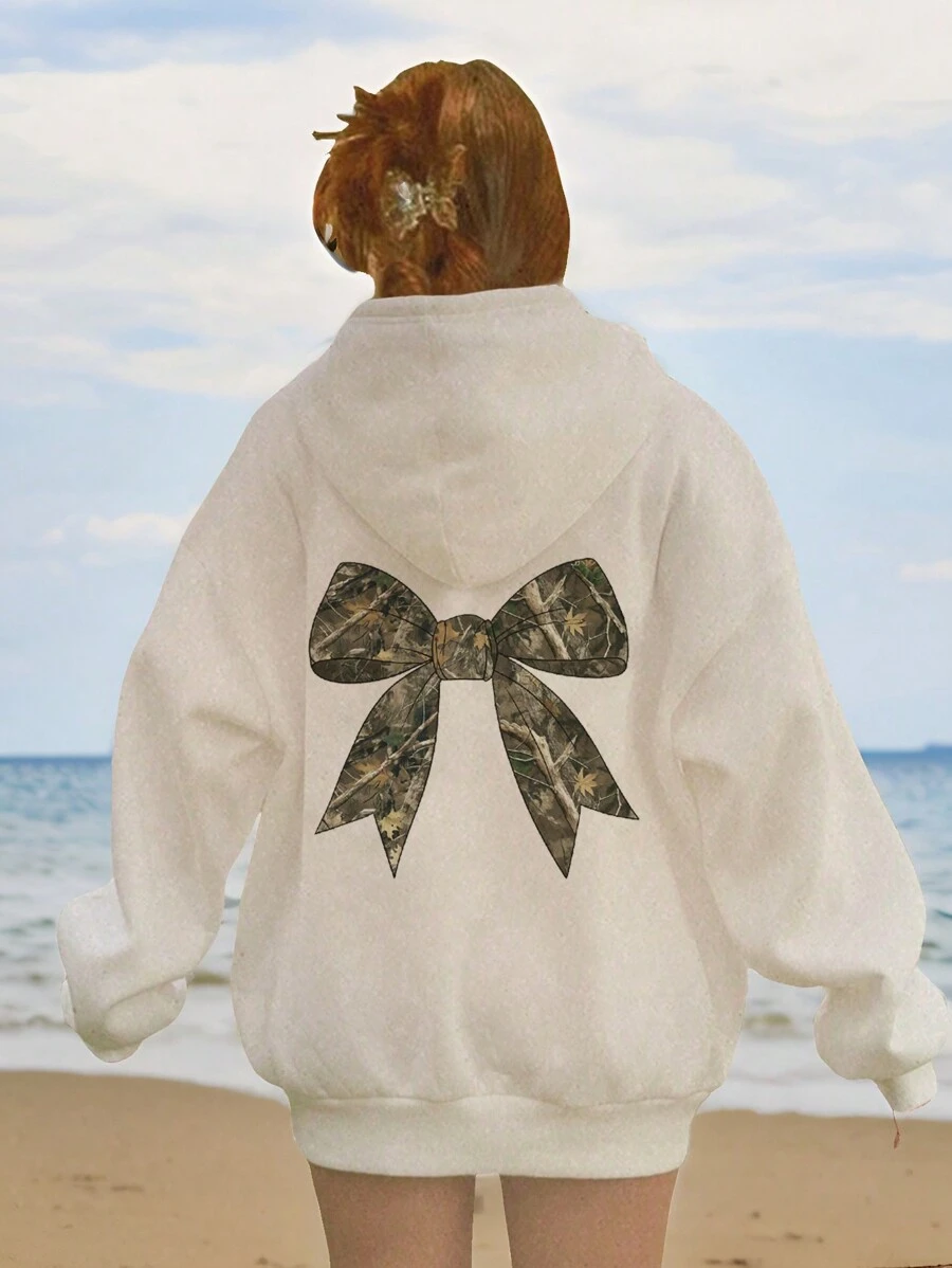 SHEIN Thiết kế nơ ngụy trang phong cách đường phố cổ điển, áo nỉ dày dài tay có mũ trùm đầu thường ngày cho bé gái bằng vải tuýt phù hợp cho mùa thu/đông, MẶT SAU QUẦN ÁO - trắng - Xem 1