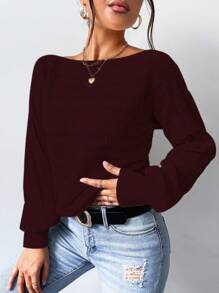 SHEIN LUNE Áo len nữ cổ thuyền tay dài màu trơn, kiểu dáng đơn giản, thích hợp mặc hàng ngày, mùa thu đông. - Màu Đỏ Sâu - Xem 1