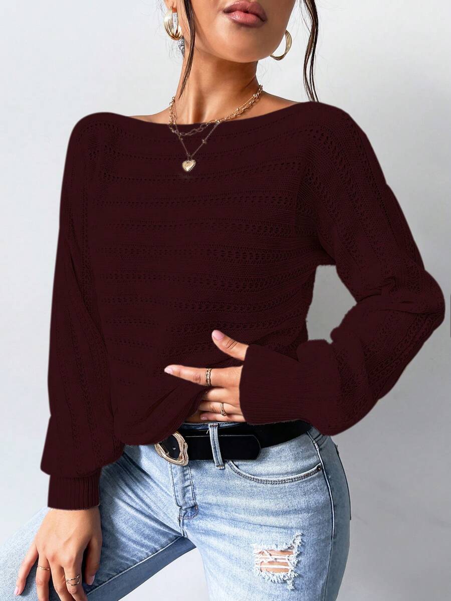 SHEIN LUNE Áo len nữ cổ thuyền tay dài màu trơn, kiểu dáng đơn giản, thích hợp mặc hàng ngày, mùa thu đông. - Màu Đỏ Sâu - Xem 1