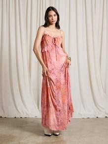 AiiRZ Vestido largo con estampado bohemio, tirantes de espagueti, sin mangas, detalle de volantes y nudo delantero