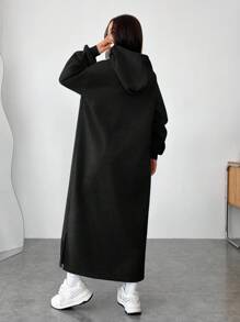 SHEIN EZwear 女士长袖抽绳休闲黑色针织连帽卫衣连衣裙连帽连衣裙女装长袖超大连衣裙Momo连衣裙女秋冬装 - 黑色 - 查看 2