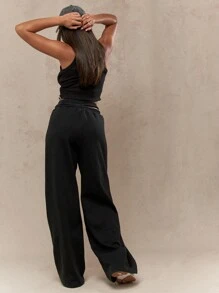 MISSGUIDED Athletic Jogger Sweatpants Wide Leg Palazzo Style Double Waistband Workout Lounge Pants Athleisure Fall Winter Bottoms - Black - View 2