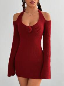 Flirla Váy len dệt kim cổ lọ thường ngày, thanh lịch và gợi cảm, mùa thu/đông - Đỏ - Xem 6