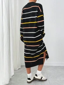 SHEIN LUNE Women Casual Striped Pattern Dropped Shoulder Loose Split Hem Sweater Dress - Multicolor - View 2
