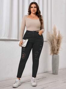 SHEIN LUNE Jeans in Große Größen, Lässig, einfarbig, Used-Optik, enge Passform