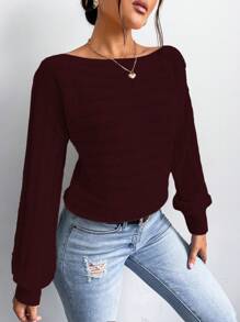 SHEIN LUNE Áo len nữ cổ thuyền tay dài màu trơn, kiểu dáng đơn giản, thích hợp mặc hàng ngày, mùa thu đông. - Màu Đỏ Sâu - Xem 5