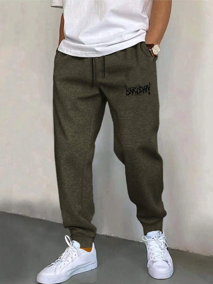 SHEIN Cottnline Cotton Men Letter Graphic Grey Drawstring Waist Sweatpants - Army Green - View 1
