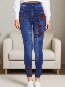 蓝色欧美女士休闲运动紧身裤，玫瑰花朵印花，牛仔效果，高弹力紧身，柔软舒适，适合居家、运动、瑜伽、健身、户外、春夏季 - 藍色 - 查看 5