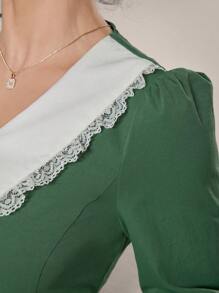 Modelyn 女士纯色撞色前扣长袖休闲连衣裙长款女士装长款晚礼服 - 綠色 - 查看 8