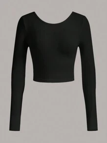 SHEIN EZwear 素色露背短款T恤 - 黑色 - 查看 2