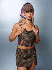 SUMWON WOMEN Street Check Sleeveless Corset Crop Top With Number Applique - Coffee Brown - View 1