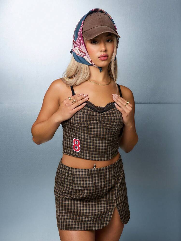 SUMWON WOMEN Street Check Sleeveless Corset Crop Top With Number Applique