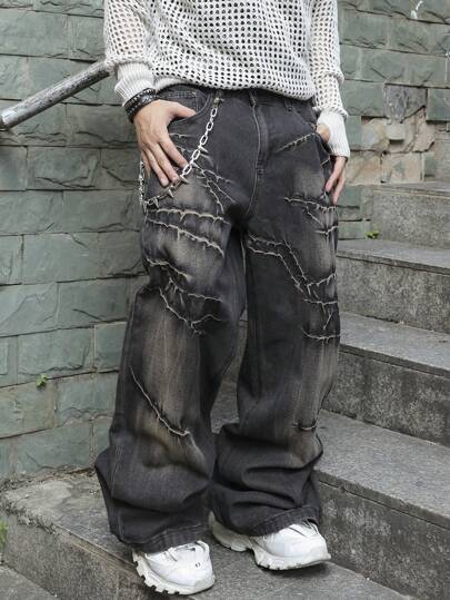 Manfinity Roghcode Men's Streetwear Loose Wide Leg Flared Jeans, Excluding Chain, Plain Long Distressed Baggy Dark Grey Dark Wash Jeans Cargo Jeans, For Husband, Boyfriend Gifts Going Out Hang Out Commute Vacation Street