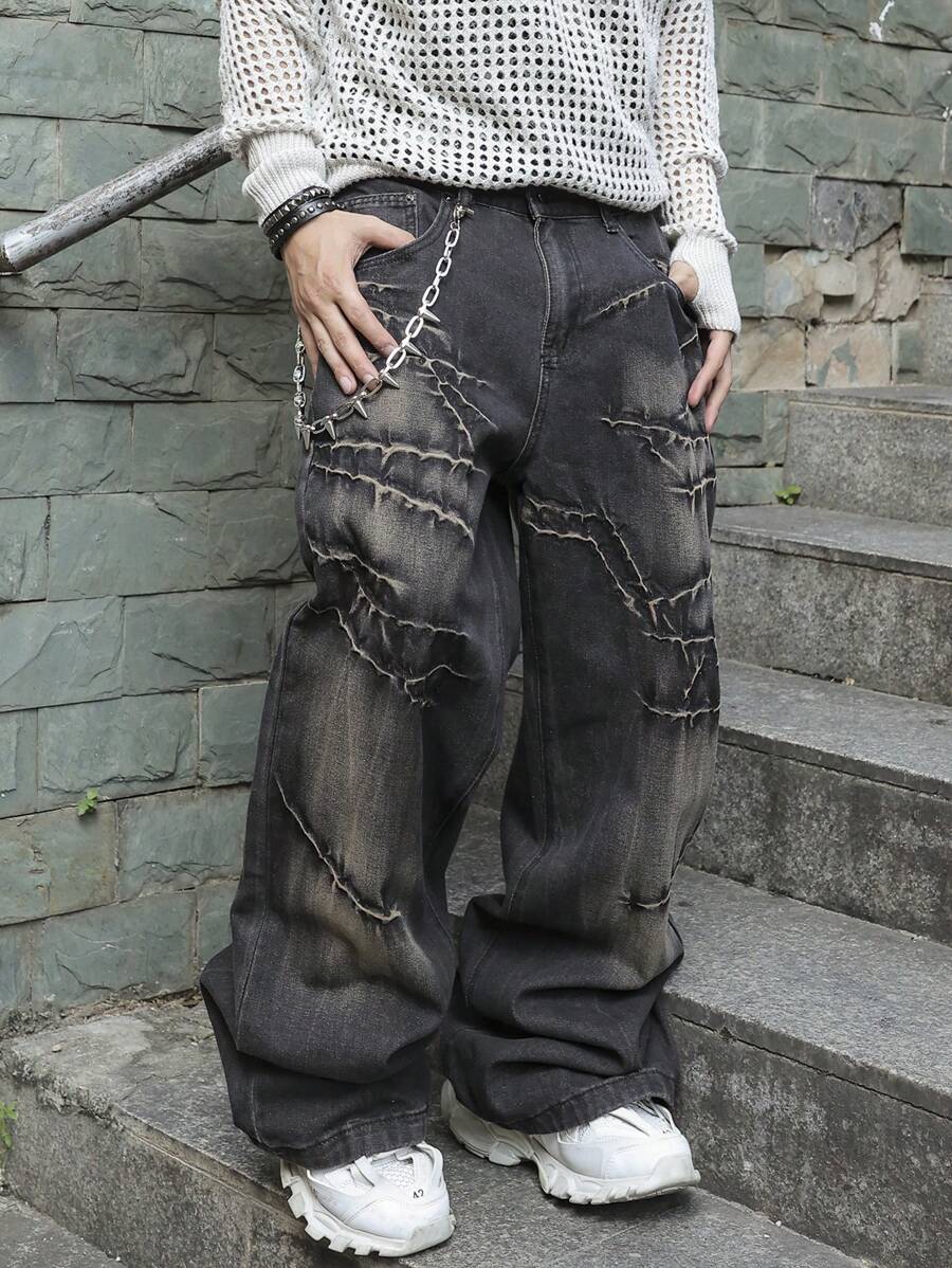 Manfinity Roghcode Quần Jeans Ống Rộng Dáng Rộng Phong Cách Đường Phố Thời Trang Cho Nam, Không Có Dây Xích, Quần Jeans Cargo Màu Xám Đậm, Dài Trơn, Rộng Rãi, Dành Cho Chồng, Quà Tặng Bạn Trai - Xám - Xem 1