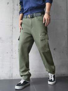 Claim Dot Plus Size Men Casual Turnover Pocket Cargo Denim Jeans, Spring & Autumn - Army Green - View 1