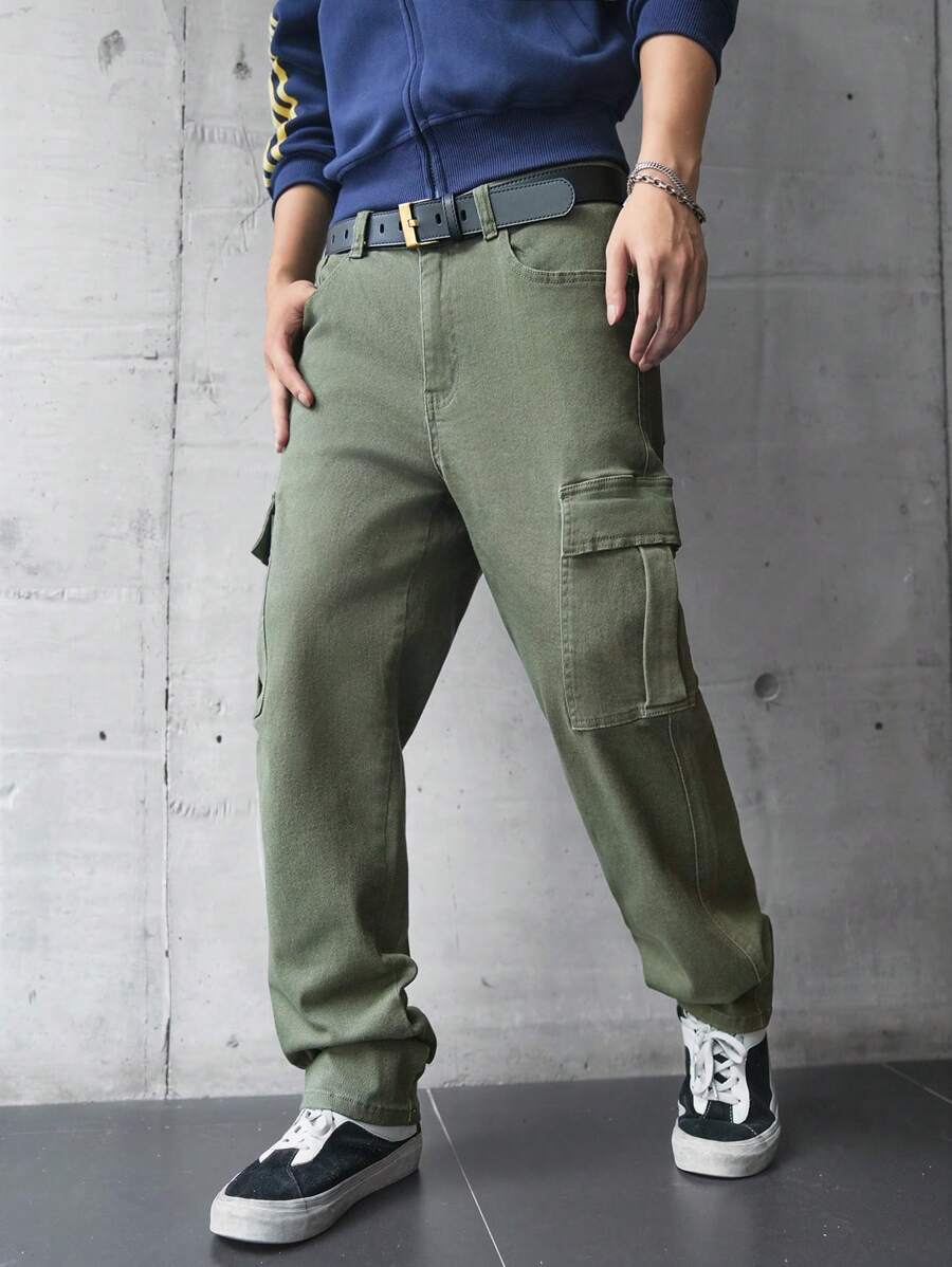 Claim Dot Plus Size Men Casual Turnover Pocket Cargo Denim Jeans, Spring & Autumn - Army Green - View 1