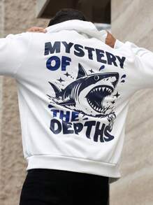 ResortEase 大码男士休闲鲨鱼字母印花保暖内衬连帽衫，适合秋冬季