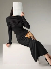 Modelyn 女士纯色优雅褶皱开衩后背修身连衣裙长款晚礼服 - 黑色 - 查看 5