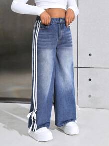 SHEIN Tween Girls Y2K 时尚侧条纹蝴蝶结宽松休闲斜口袋牛仔裤