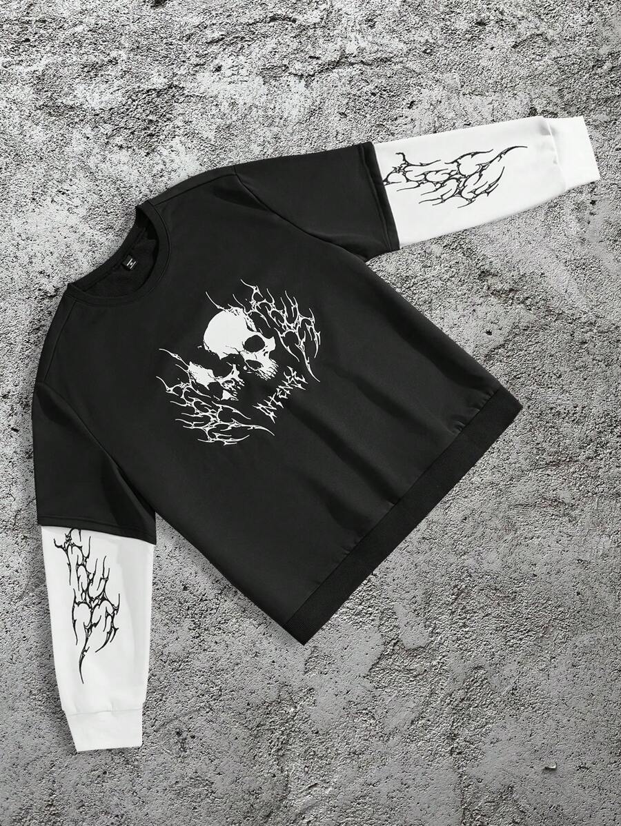 Manfinity Roughcore 2-In-1 Men Plus Size Skull & Letter Print Colorblock Pullover Hoodies, Street Style For Spring/Autumn