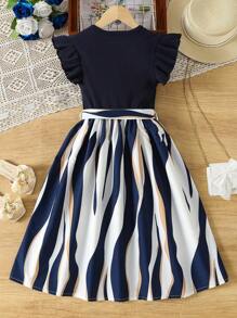 SHEIN Tween Girl Striped Round Neck Cap Sleeve Waist Tie Casual Dress,Holiday,Summer,Travel