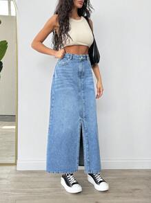 EURMUSE WOMEN LONG SLAH DETAIL DENIM SKIRT - Medium Wash - View 6