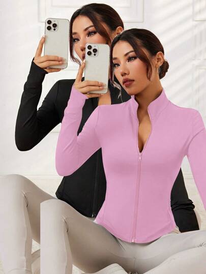 SHEIN Velisys Women's Autumn Minimalist Comfortable Zip Up Stand Collar Sport Jacket