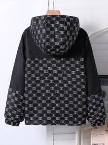 SHEIN Tween Boy Letter & Graphic Print Hooded Zip Front Long Sleeve Jacket