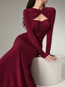 Modelyn Burgundy Red Women Ruched Elegant Long Dresses Long Evening Dresses - Burgundy - View 6